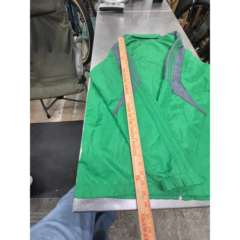 Adidas Windbreaker Jacket Full Zip Green‎ Gray Striped Lightweight Sportswear